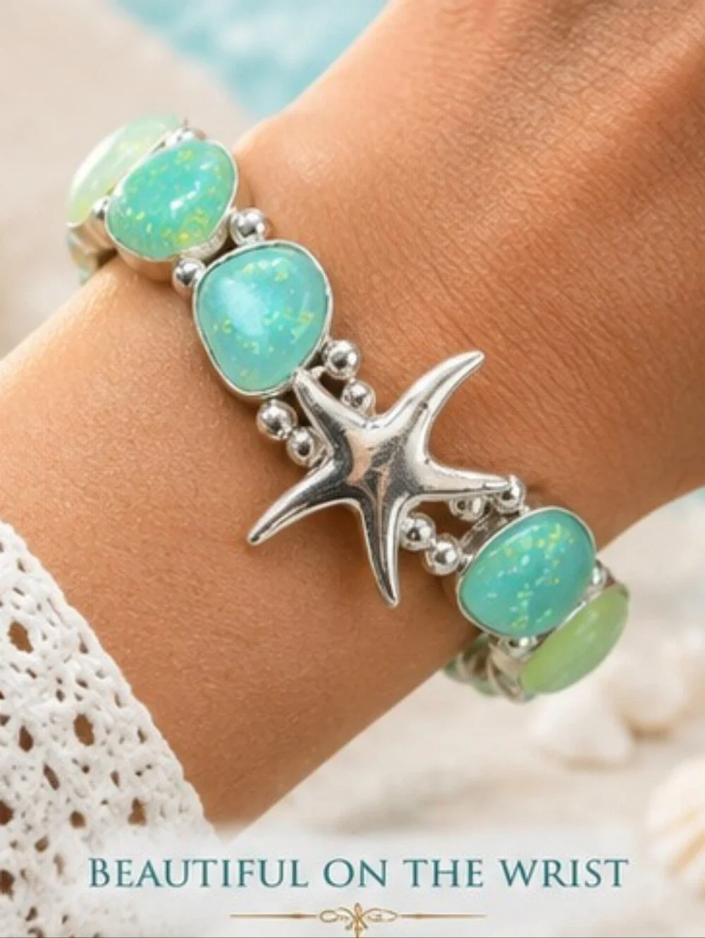 Sea Glass Starfish Bracelet 14K White Gold Plated Coastal Stretch NWOT
